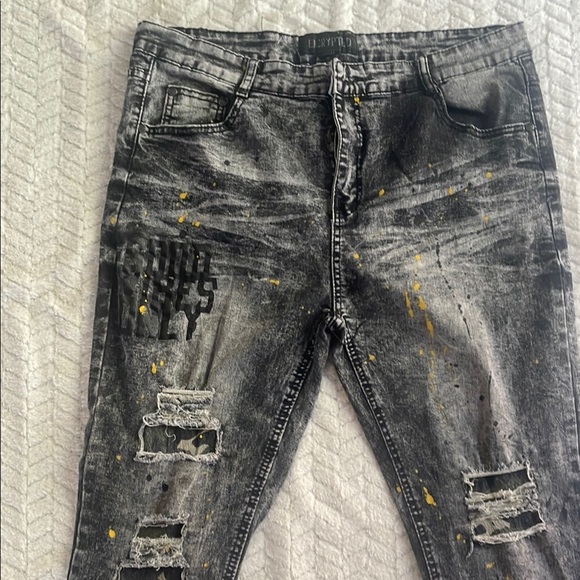 Encrypted Distressed Gray and Black Jeans with Yellow Accents - Picture 3 of 8